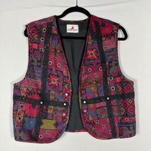Vtg 90s Y2K‎ Crazy Horse Floral Tapestry Vest M/L Lace Embroidered Boho Festival